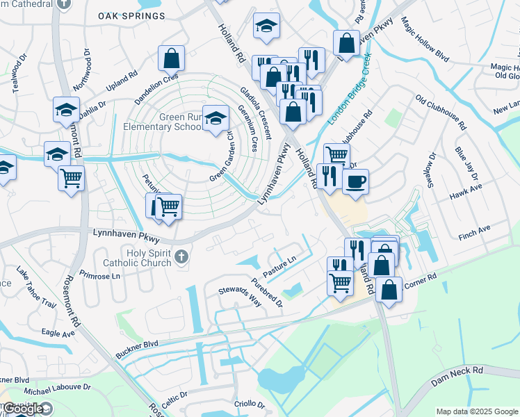 map of restaurants, bars, coffee shops, grocery stores, and more near 3416 Crimson Holly Court in Virginia Beach