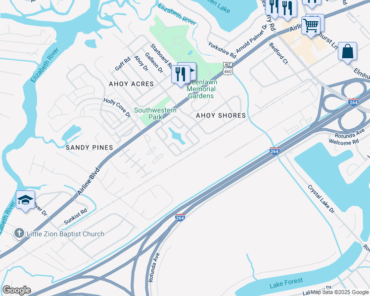 map of restaurants, bars, coffee shops, grocery stores, and more near 4031 River Breeze Circle in Chesapeake