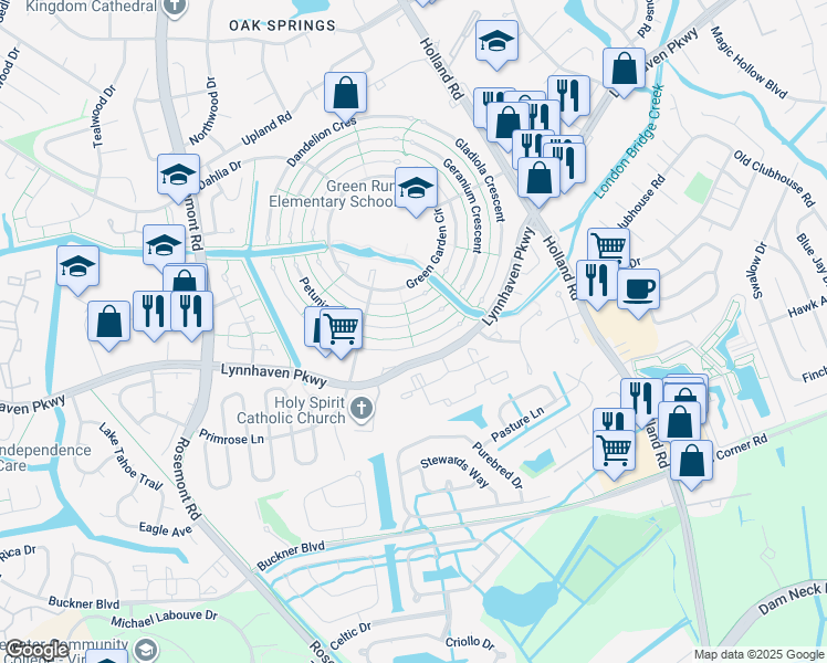 map of restaurants, bars, coffee shops, grocery stores, and more near 3425 Petunia Crescent in Virginia Beach