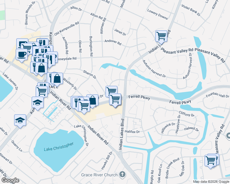 map of restaurants, bars, coffee shops, grocery stores, and more near 1433 Watercrest Court in Virginia Beach