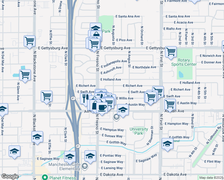 map of restaurants, bars, coffee shops, grocery stores, and more near 4343 North Augusta Street in Fresno