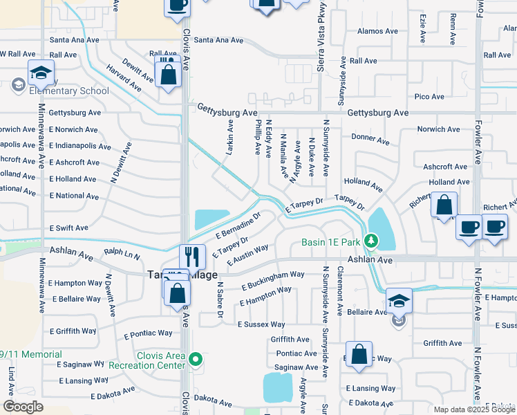 map of restaurants, bars, coffee shops, grocery stores, and more near 5707 East Bernadine Drive in Fresno