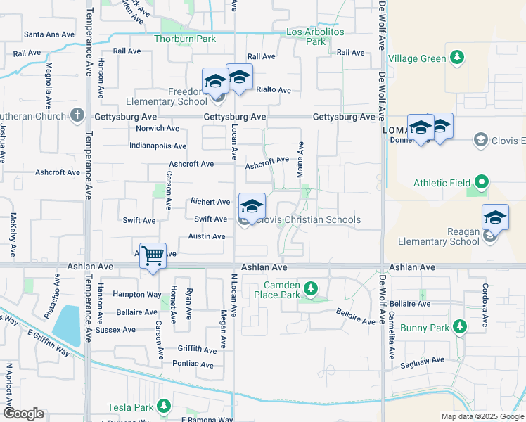 map of restaurants, bars, coffee shops, grocery stores, and more near 3076 Swift Lane in Clovis