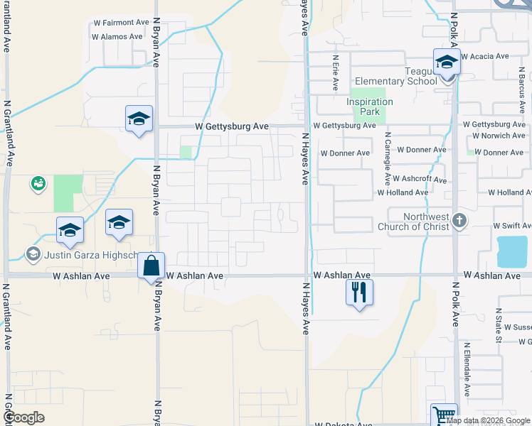 map of restaurants, bars, coffee shops, grocery stores, and more near 6105 West Richert Avenue in Fresno