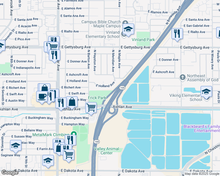 map of restaurants, bars, coffee shops, grocery stores, and more near 4570 East Holland Avenue in Fresno