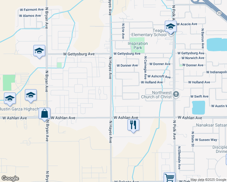 map of restaurants, bars, coffee shops, grocery stores, and more near 4217 North Bain Avenue in Fresno