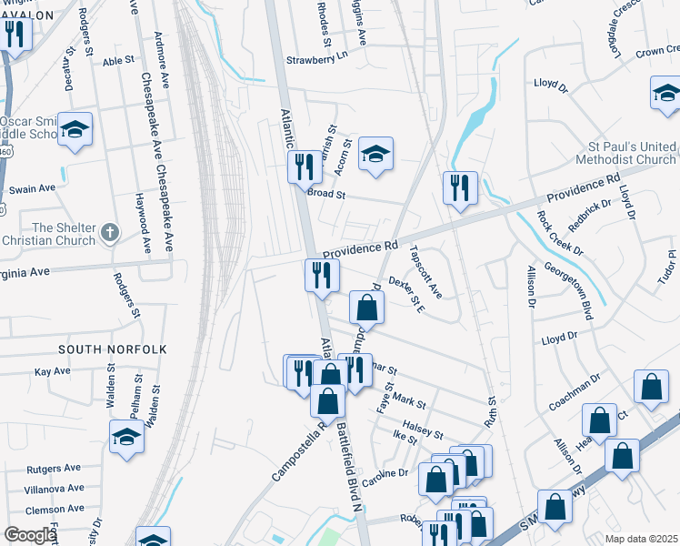 map of restaurants, bars, coffee shops, grocery stores, and more near 2521 Dexter Street East in Chesapeake