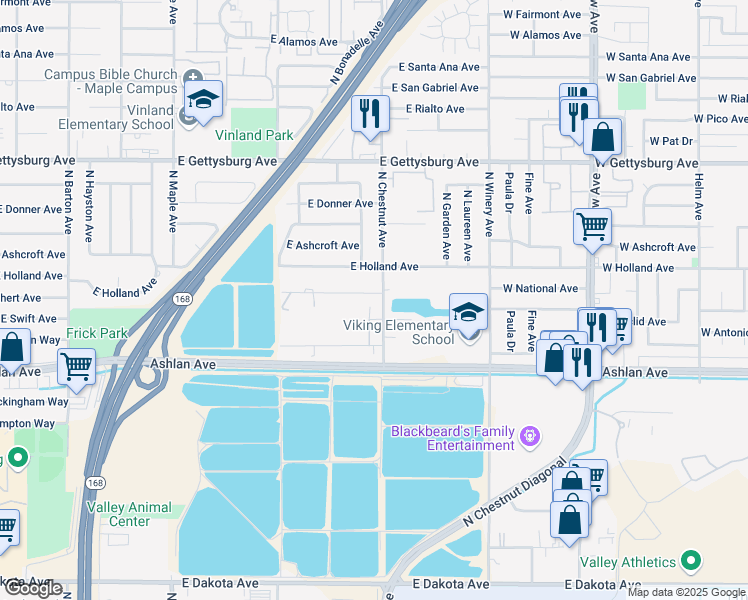 map of restaurants, bars, coffee shops, grocery stores, and more near 4798 East Richert Avenue in Fresno