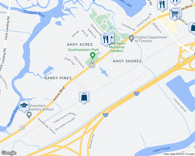 map of restaurants, bars, coffee shops, grocery stores, and more near 3938 River Breeze Circle in Chesapeake