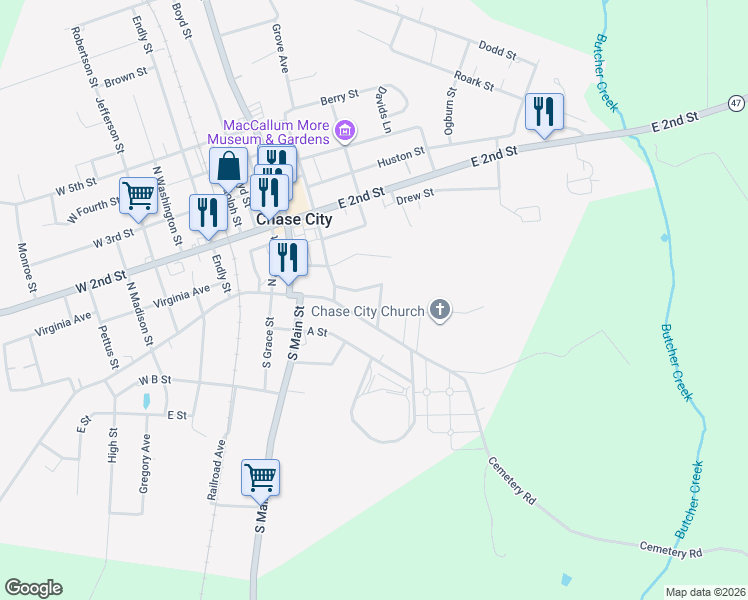 map of restaurants, bars, coffee shops, grocery stores, and more near 400-498 Calcium Circle in Chase City