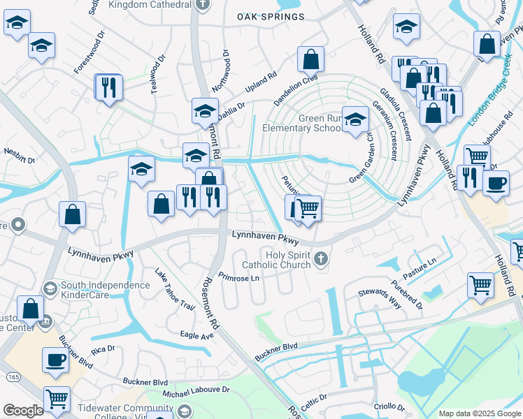 map of restaurants, bars, coffee shops, grocery stores, and more near 1380 Sierra Drive in Virginia Beach