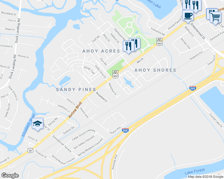 map of restaurants, bars, coffee shops, grocery stores, and more near 3822 Maplefield Drive in Chesapeake