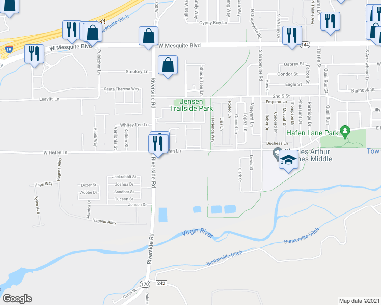 map of restaurants, bars, coffee shops, grocery stores, and more near 720 East Hafen Lane in Mesquite