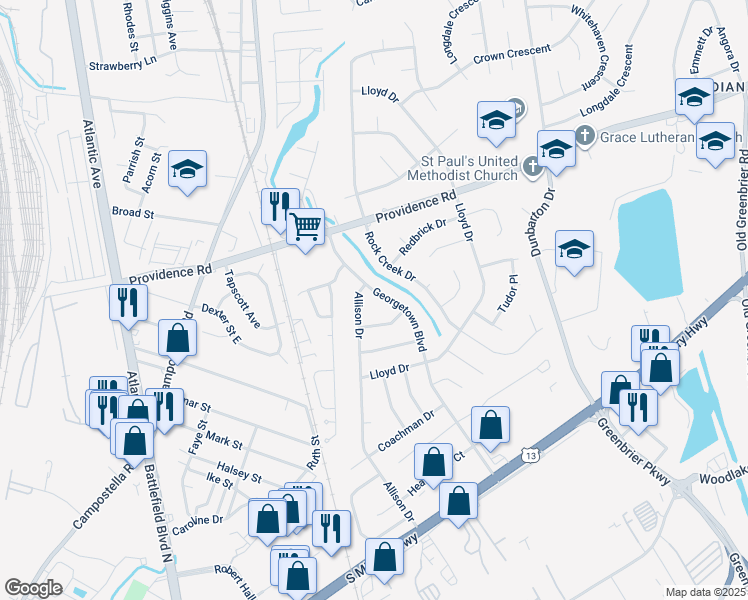 map of restaurants, bars, coffee shops, grocery stores, and more near 2240 Georgetown Boulevard in Chesapeake