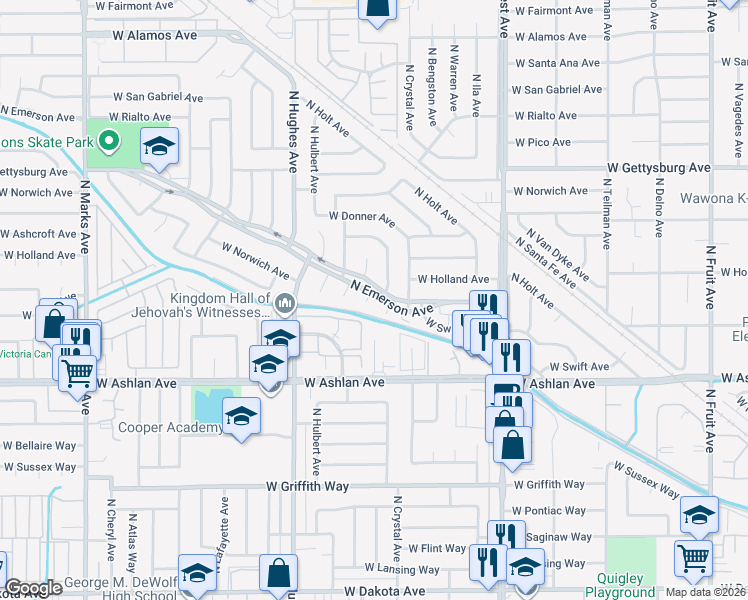 map of restaurants, bars, coffee shops, grocery stores, and more near 4364 North Hacienda Drive in Fresno