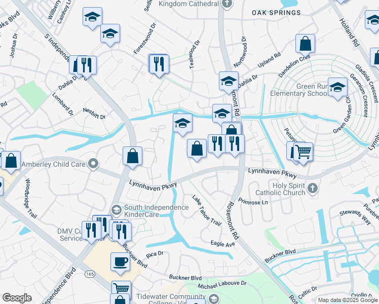 map of restaurants, bars, coffee shops, grocery stores, and more near 1587 Crescent Pointe Lane in Virginia Beach
