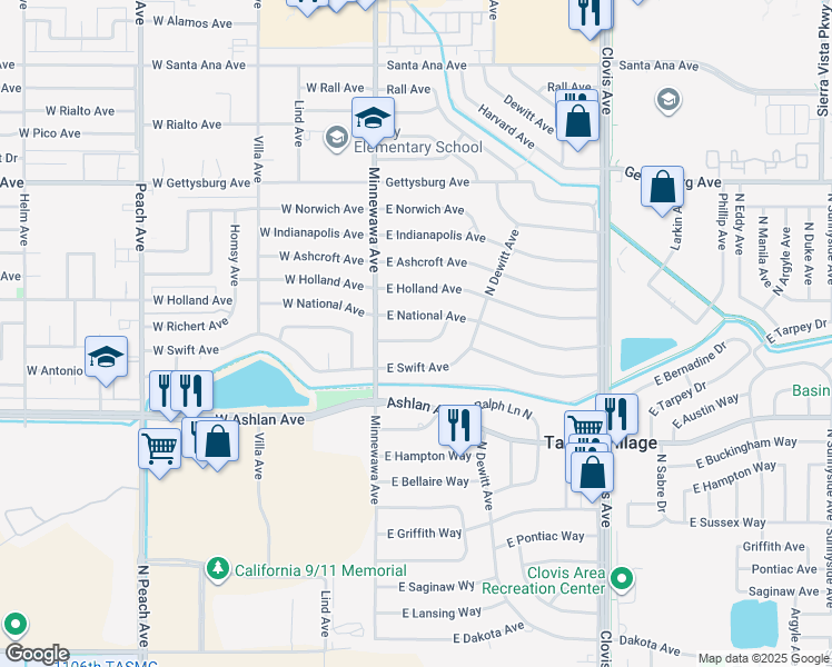 map of restaurants, bars, coffee shops, grocery stores, and more near 5431 East Euclid Avenue in Fresno