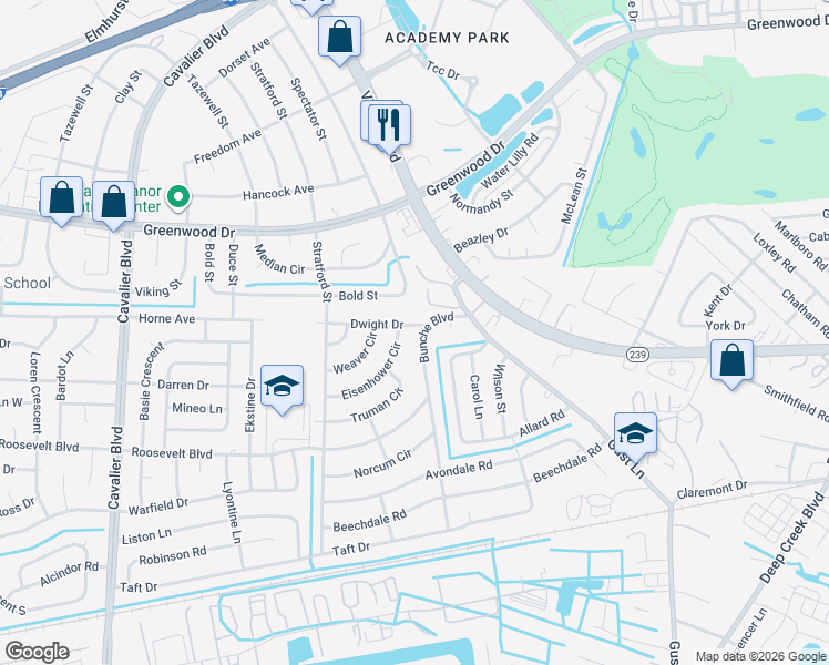 map of restaurants, bars, coffee shops, grocery stores, and more near 516 Bunche Boulevard in Portsmouth