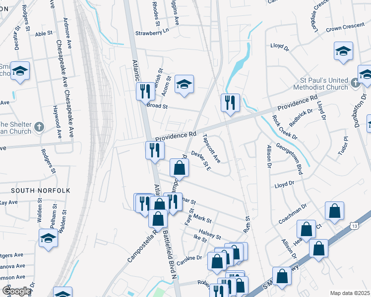 map of restaurants, bars, coffee shops, grocery stores, and more near 2202 Campostella Road in Chesapeake