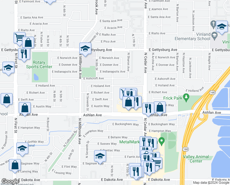 map of restaurants, bars, coffee shops, grocery stores, and more near 4344 North 9th Street in Fresno