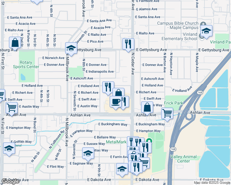 map of restaurants, bars, coffee shops, grocery stores, and more near 4325 North Cedar Avenue in Fresno