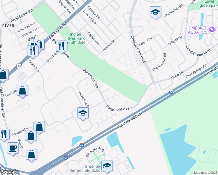 map of restaurants, bars, coffee shops, grocery stores, and more near 12 Corby Circle in Chesapeake