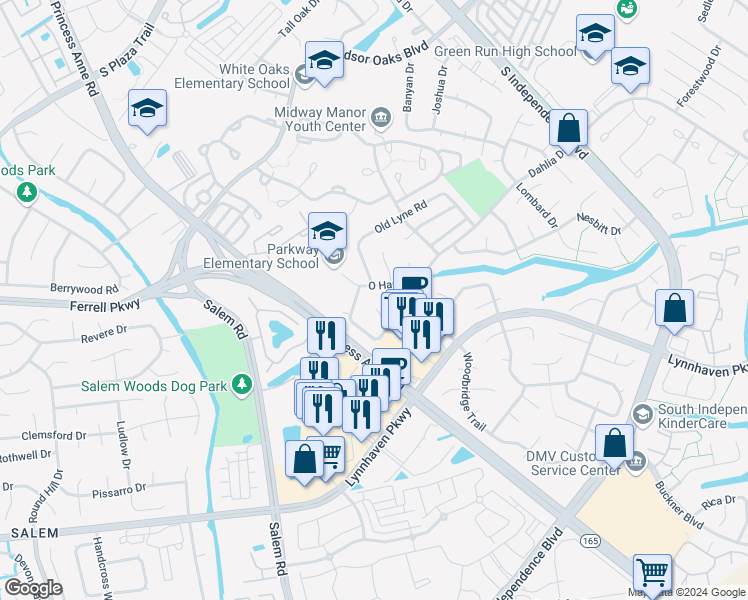 map of restaurants, bars, coffee shops, grocery stores, and more near 1310 Pershing Court in Virginia Beach