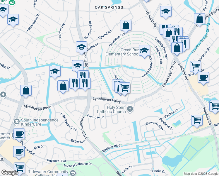 map of restaurants, bars, coffee shops, grocery stores, and more near 3529 Poppy Crescent in Virginia Beach
