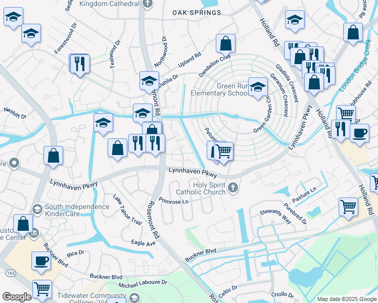 map of restaurants, bars, coffee shops, grocery stores, and more near 1380 Sierra Drive in Virginia Beach