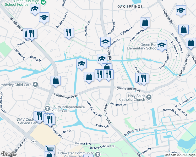map of restaurants, bars, coffee shops, grocery stores, and more near 1553 Crescent Pointe Lane in Virginia Beach