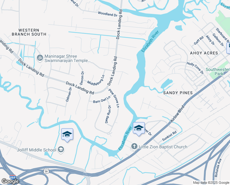 map of restaurants, bars, coffee shops, grocery stores, and more near 1548 Pine Grove Lane in Chesapeake