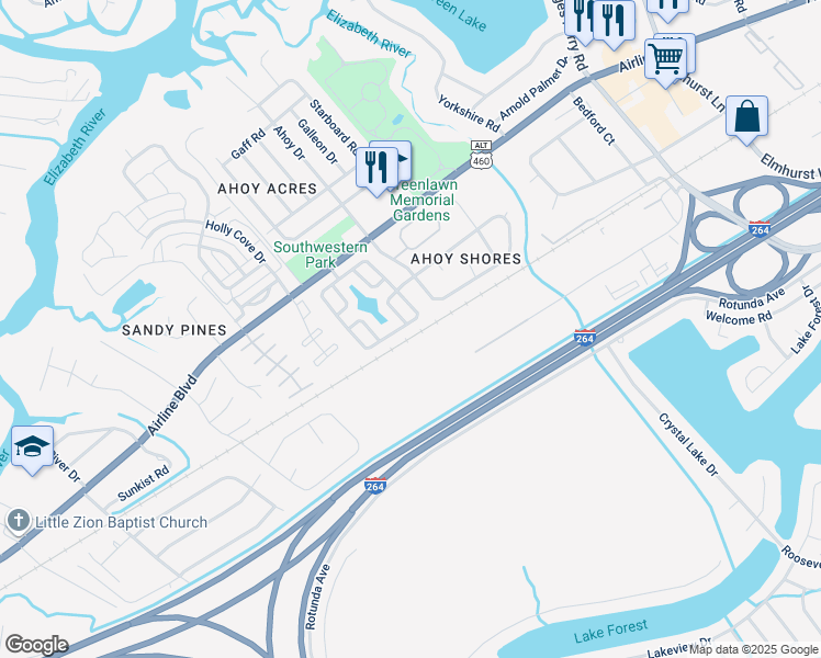 map of restaurants, bars, coffee shops, grocery stores, and more near 4042 River Breeze Circle in Chesapeake
