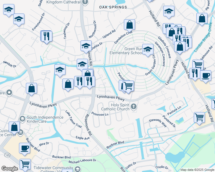 map of restaurants, bars, coffee shops, grocery stores, and more near 1386 Sierra Drive in Virginia Beach