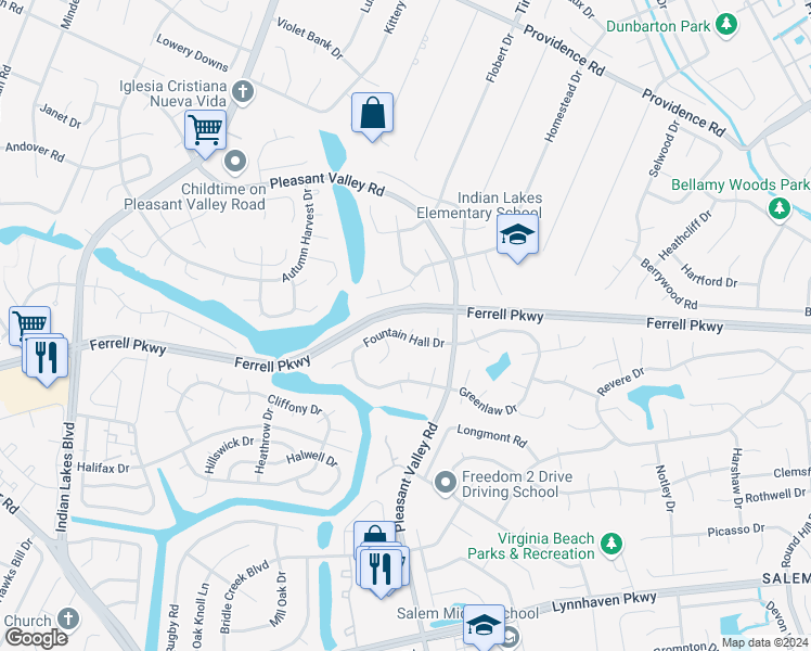 map of restaurants, bars, coffee shops, grocery stores, and more near 1325 Fairlight Court in Virginia Beach