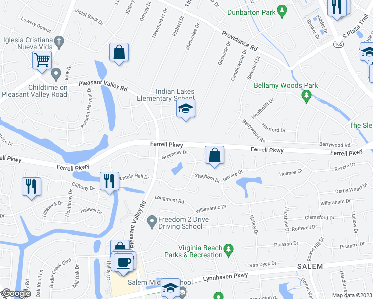 map of restaurants, bars, coffee shops, grocery stores, and more near 4732 Greenlaw Drive in Virginia Beach