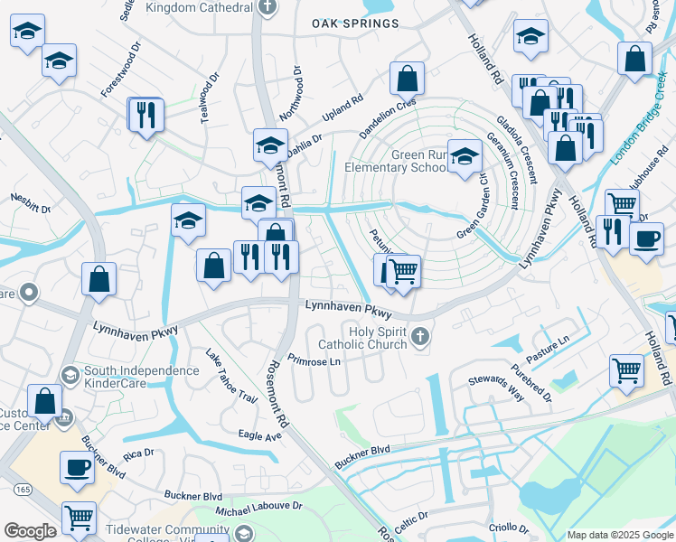 map of restaurants, bars, coffee shops, grocery stores, and more near 1386 Sierra Drive in Virginia Beach