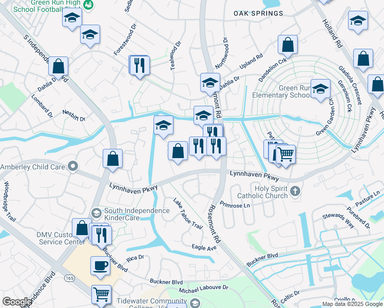map of restaurants, bars, coffee shops, grocery stores, and more near 1553 Crescent Pointe Lane in Virginia Beach