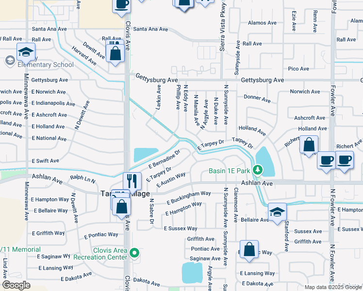 map of restaurants, bars, coffee shops, grocery stores, and more near 5707 East Bernadine Drive in Fresno