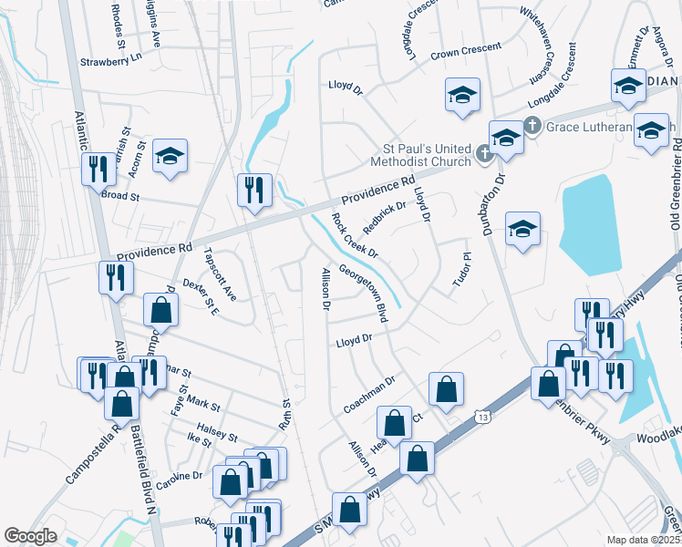 map of restaurants, bars, coffee shops, grocery stores, and more near 2240 Georgetown Boulevard in Chesapeake