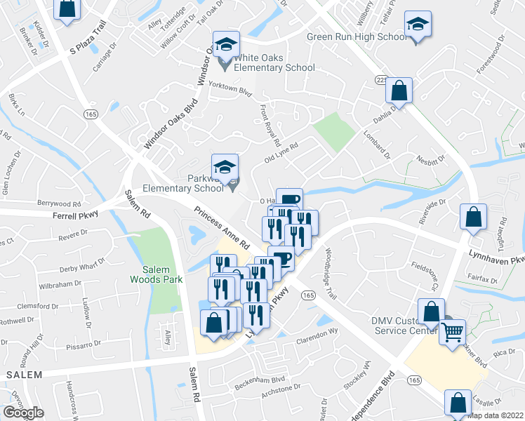 map of restaurants, bars, coffee shops, grocery stores, and more near 1310 Pershing Court in Virginia Beach