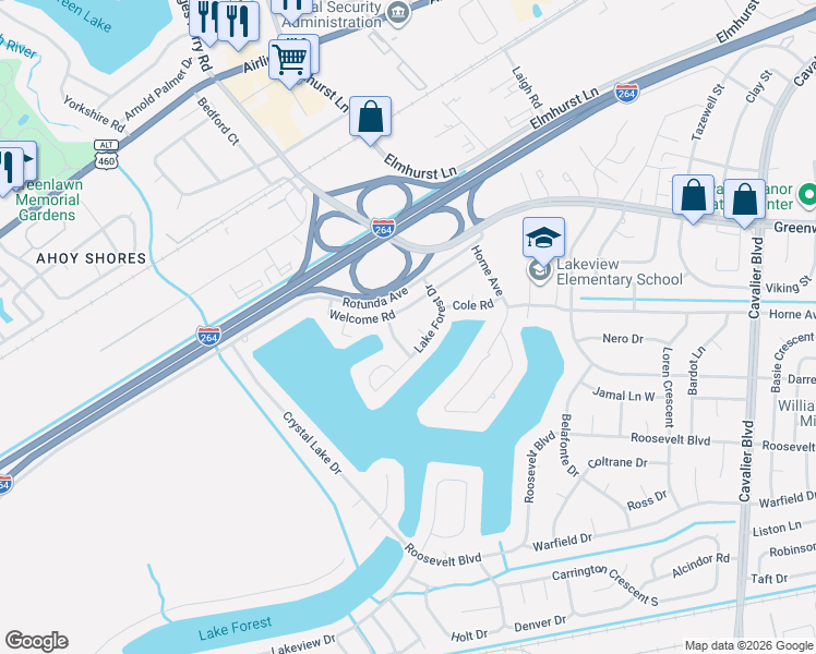 map of restaurants, bars, coffee shops, grocery stores, and more near 7 Lake Forest Court in Portsmouth