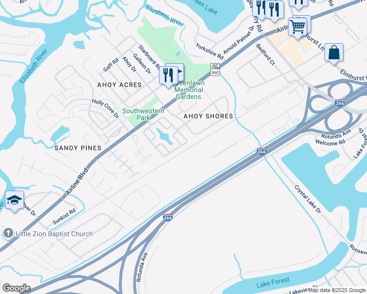 map of restaurants, bars, coffee shops, grocery stores, and more near 4042 River Breeze Circle in Chesapeake