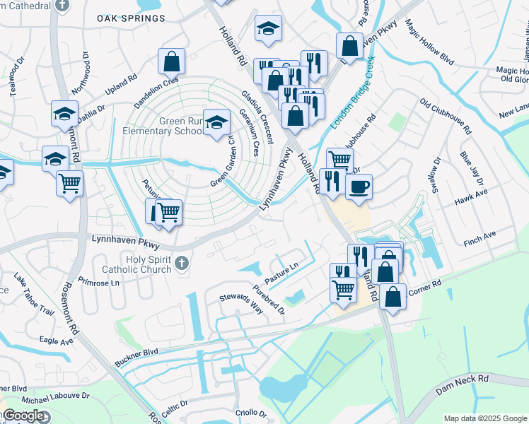 map of restaurants, bars, coffee shops, grocery stores, and more near 3416 Crimson Holly Court in Virginia Beach