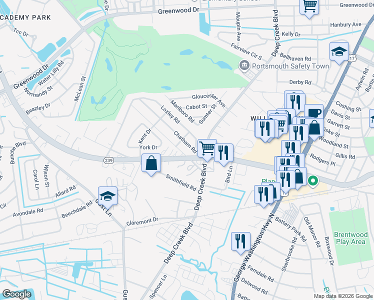 map of restaurants, bars, coffee shops, grocery stores, and more near 10 Chatham Road in Portsmouth