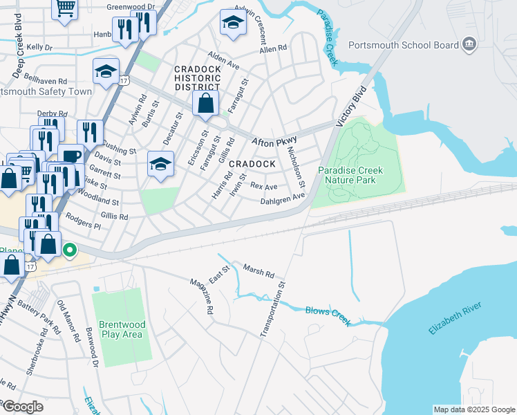 map of restaurants, bars, coffee shops, grocery stores, and more near 108 Dahlgren Avenue in Portsmouth