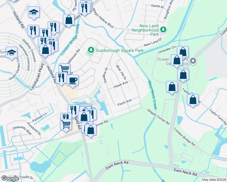 map of restaurants, bars, coffee shops, grocery stores, and more near 1305 Canary Drive in Virginia Beach