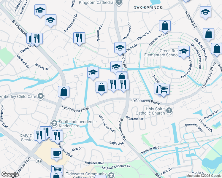 map of restaurants, bars, coffee shops, grocery stores, and more near 1555 Crescent Pointe Lane in Virginia Beach