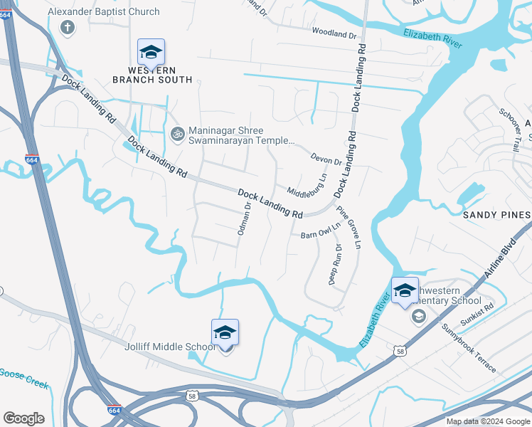 map of restaurants, bars, coffee shops, grocery stores, and more near 1540 Taylor Point Drive in Chesapeake