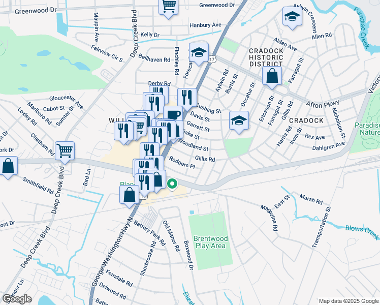 map of restaurants, bars, coffee shops, grocery stores, and more near 167 Gillis Road in Portsmouth