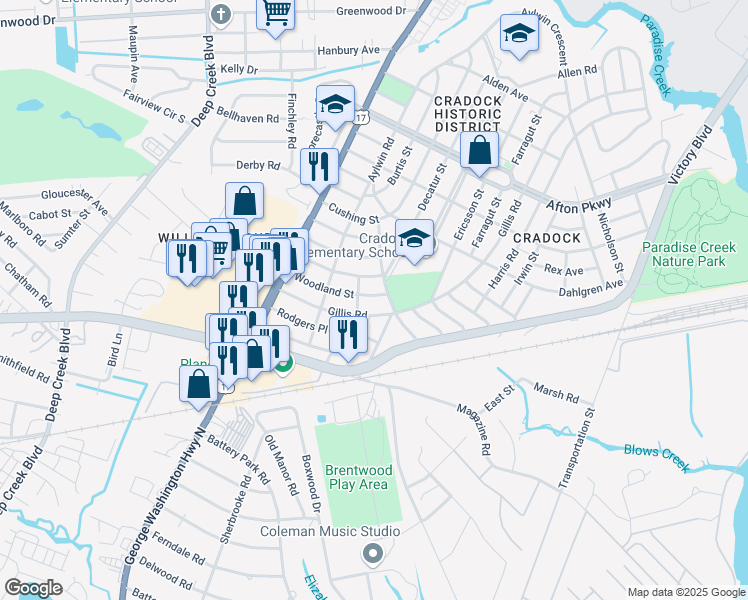 map of restaurants, bars, coffee shops, grocery stores, and more near 40 Woodland Street in Portsmouth